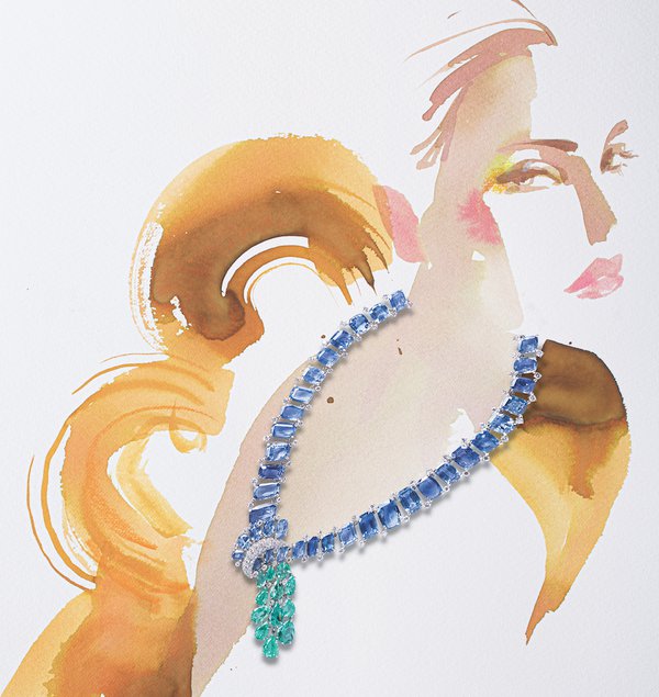 David Webb Sapphire and Emerald Cascade Necklace; Marissa Collections