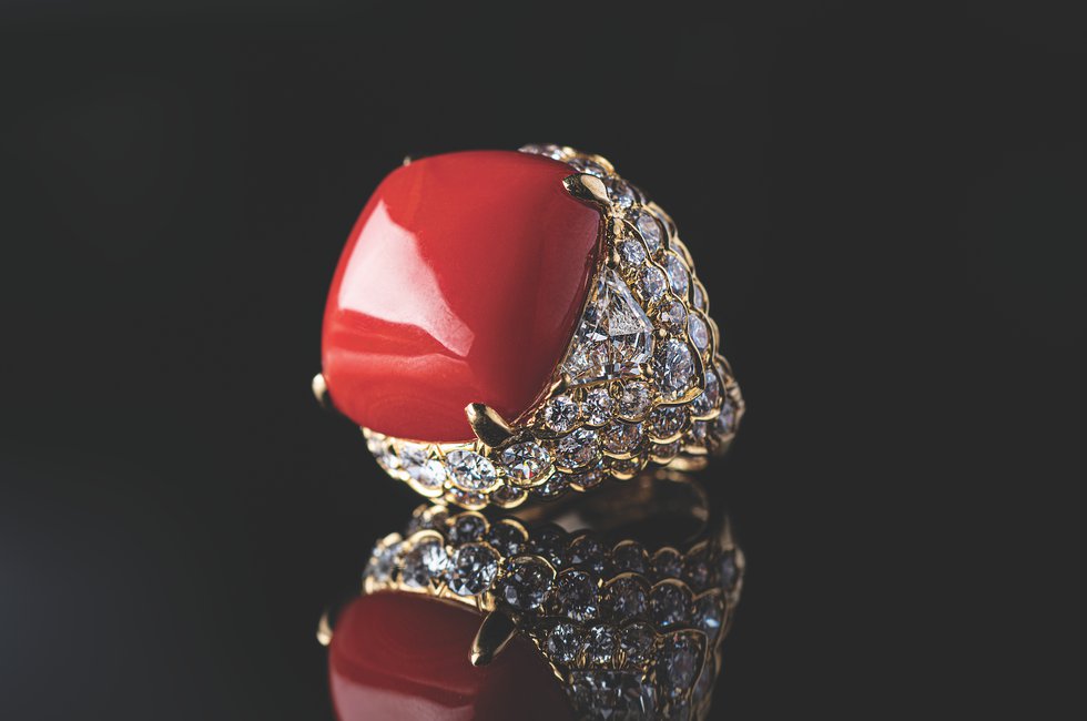 Cabochon Coral &amp; Diamond Ring