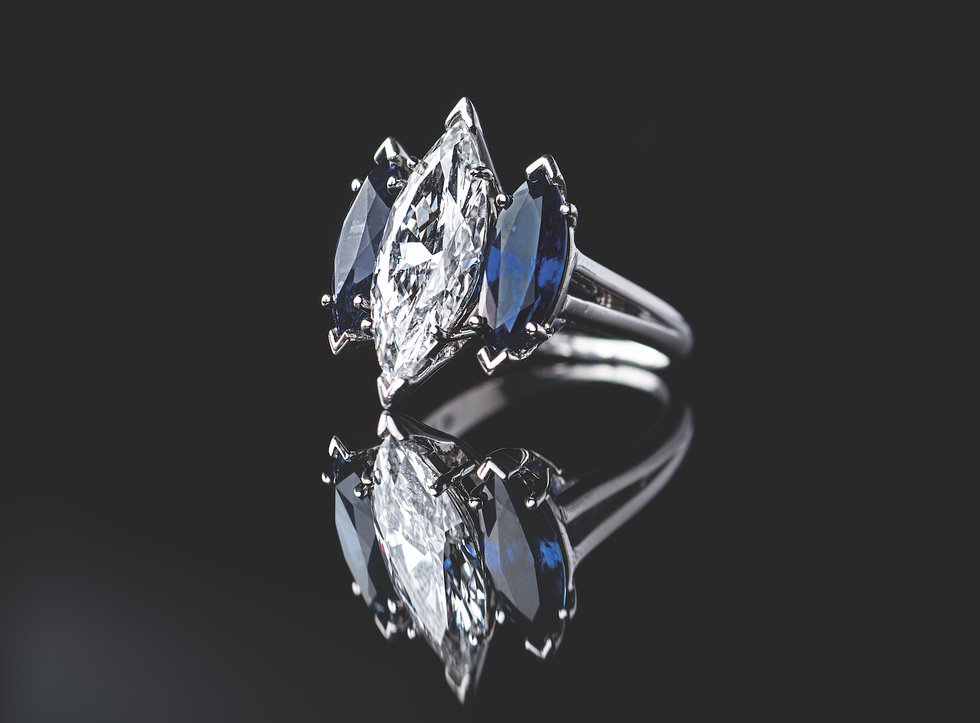 Oscar Heyman 3 Stone Diamond Sapphire Ring