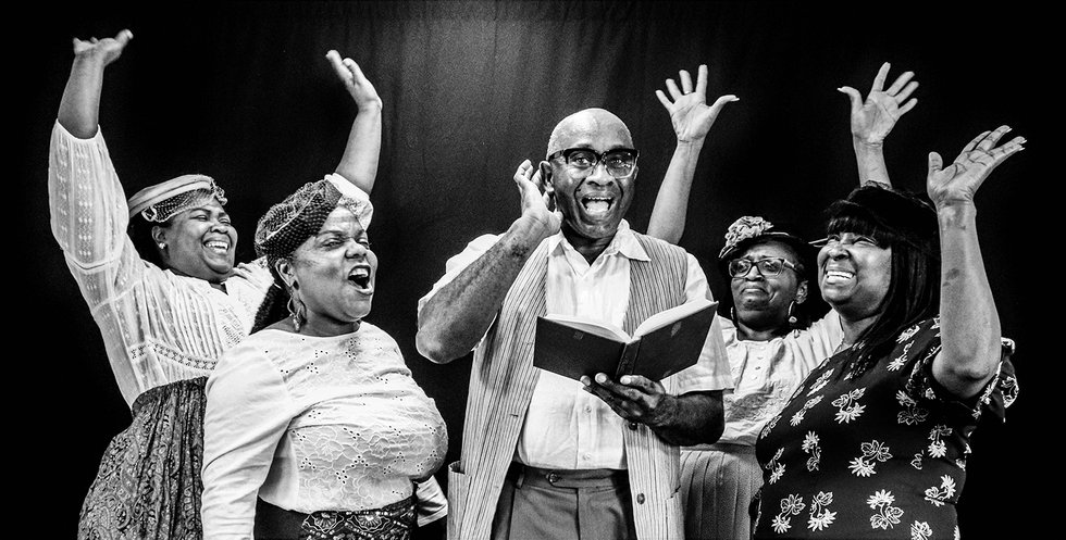 (L-R) Faye Barrett (Church Lady), Tijuanna Clemons (Church Lady), Edward Kelly (Preacher), Monicke Clark (Church Lady), Kim Hardin (Shug Avery) copy