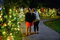 Women walking past lit up Christmas trees