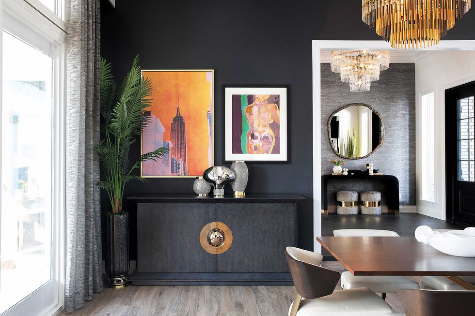 Elegant room with black walls and unique decor