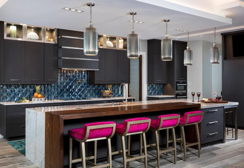 Dark, Modern Kitchen with Pink Stools.jpg