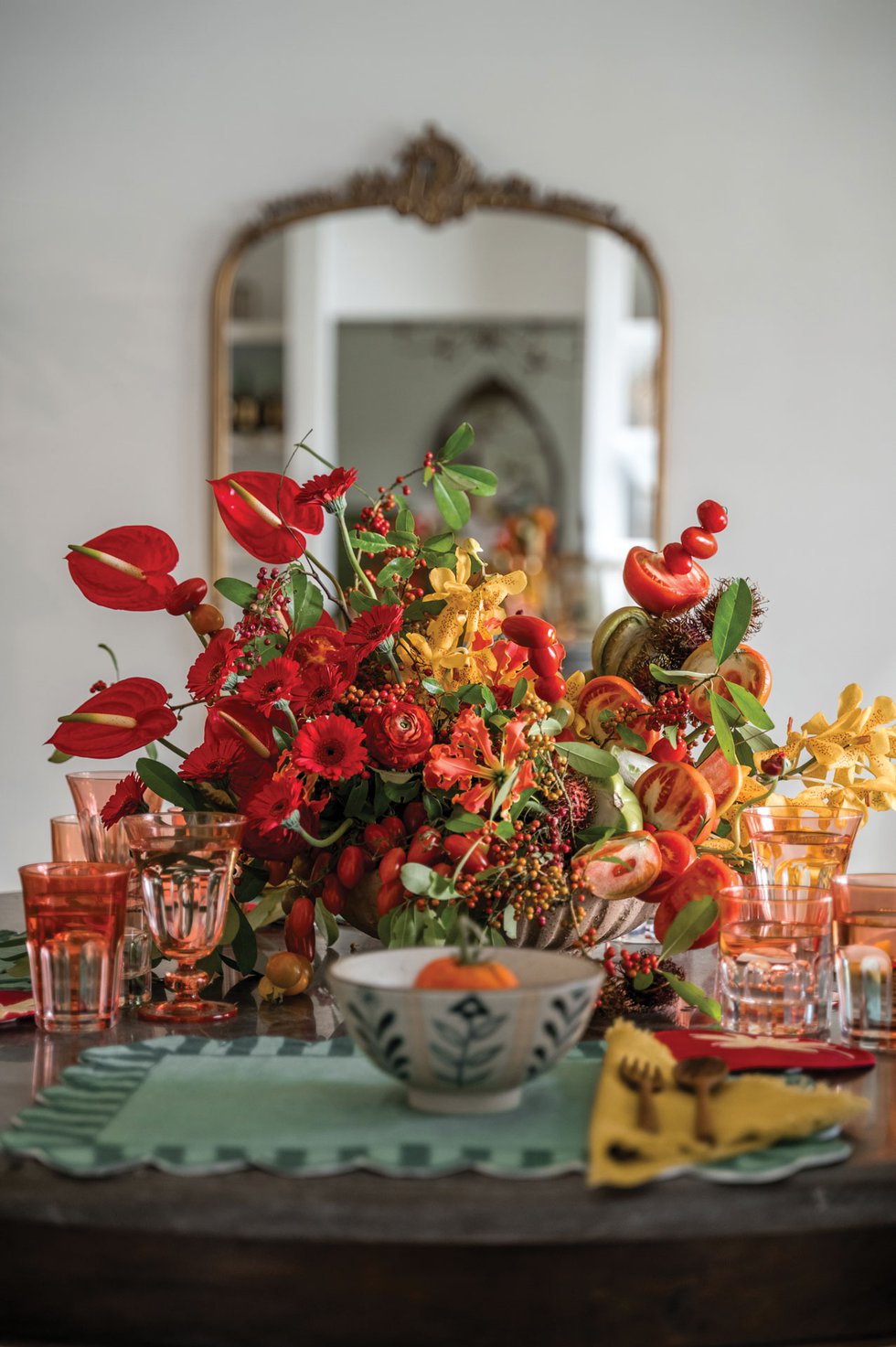 Bouquet centerpiece with red and yellow flowers